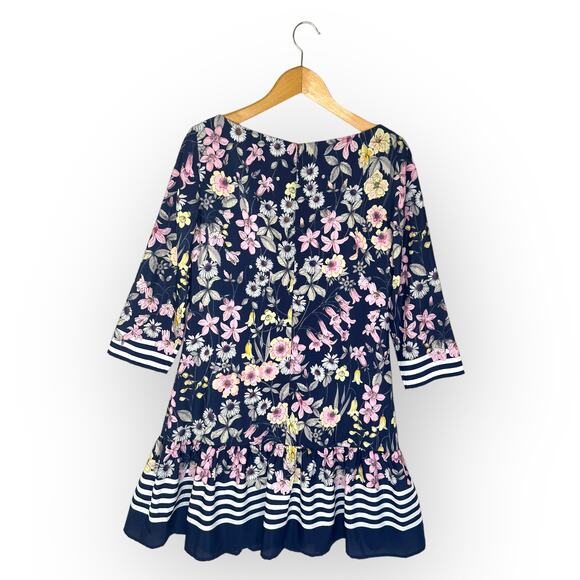 Eliza J Floral Striped Drop Waist Dress Size 6 Blue Pink Printed 3/4 Sleeve - Picture 2 of 12